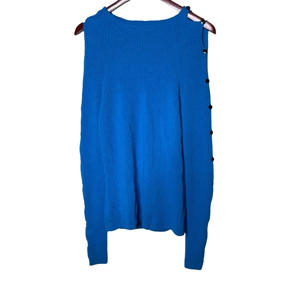 PROENZA SCHOULER Cutout button sleeve ribbed cotton-blend sweater sz L in Blue